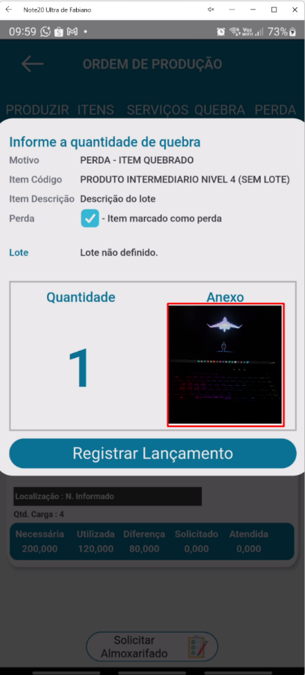 Tela de registro de perda com anexo no aplicativo Teorema OP, com os campos preenchidos e a foto de evidência incluída