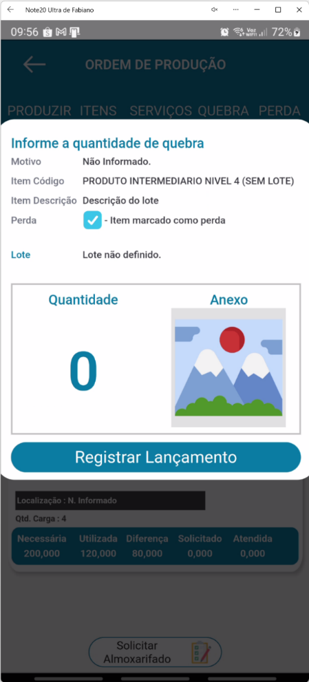 Tela de registro de quebra/perda no aplicativo Teorema OP, com o motivo preenchido, dados do item e o botão Registrar Lançamento