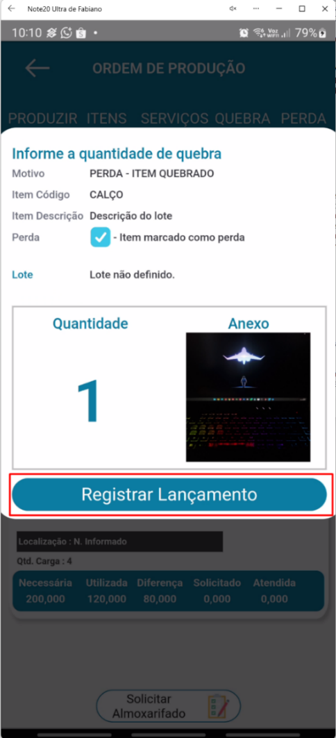 Tela de registro de quebra no aplicativo Teorema OP, com motivo, código e descrição do item, quantidade e o botão Registrar Lançamento
