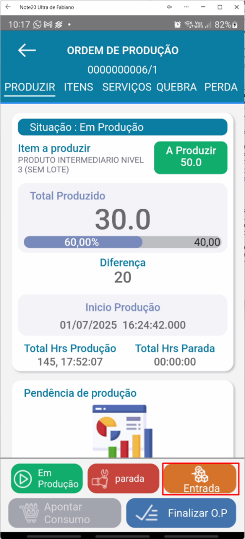 Tela principal da Ordem de Produção no aplicativo Teorema OP, com os dados consolidados e o botão Entrada