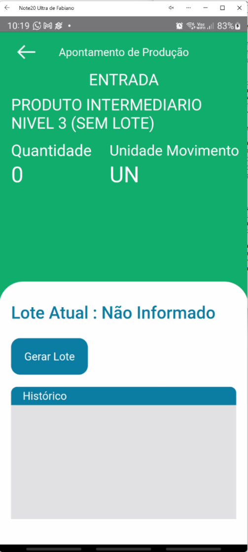 Tela de apontamento de entrada no aplicativo Teorema OP, com o item, a unidade de movimento e o campo de quantidade produzida