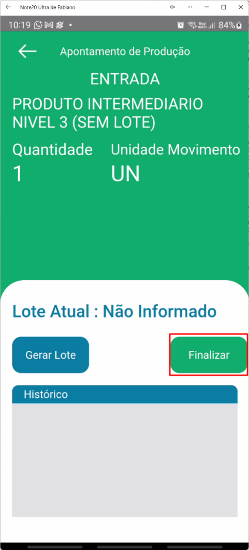 Tela de apontamento de entrada no aplicativo Teorema OP, com a quantidade informada e o botão Finalizar