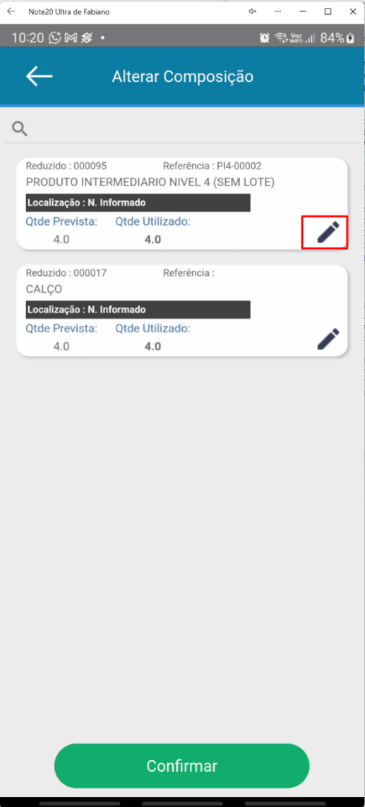 Tela de alteração de composição no aplicativo Teorema OP, com os itens previstos, as quantidades utilizadas e o ícone de edição em cada item