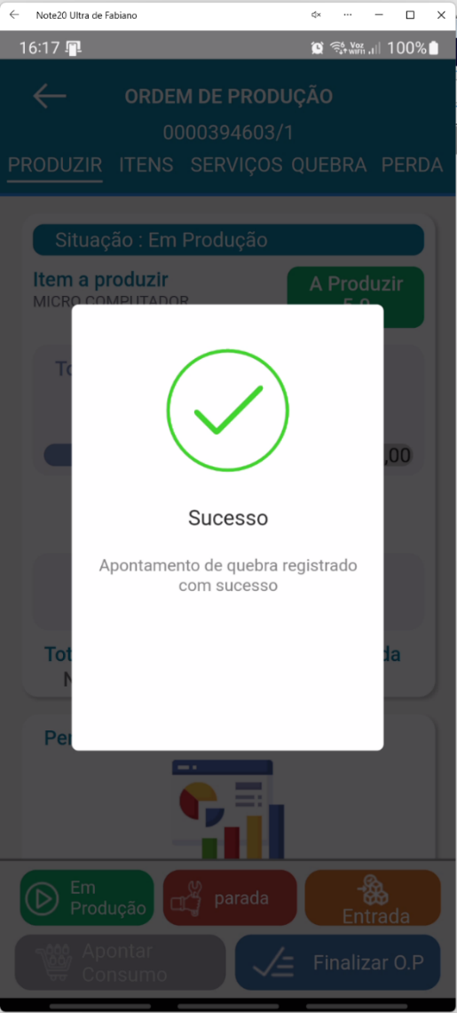 Mensagem de confirmação de registro de quebra/perda no aplicativo Teorema OP