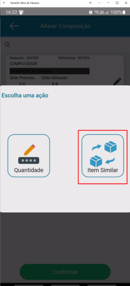 Tela de alteração de composição no aplicativo Teorema OP com a opção Item Similar para substituição do item