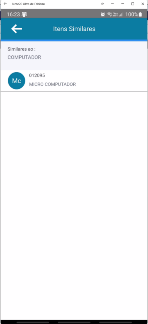Lista de itens similares no aplicativo Teorema OP, com código e descrição dos itens compatíveis para substituição