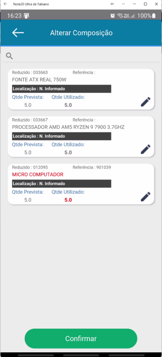 Tela de composição da Ordem de Produção no aplicativo Teorema OP, com a lista de itens, as quantidades prevista e utilizada e o botão Confirmar