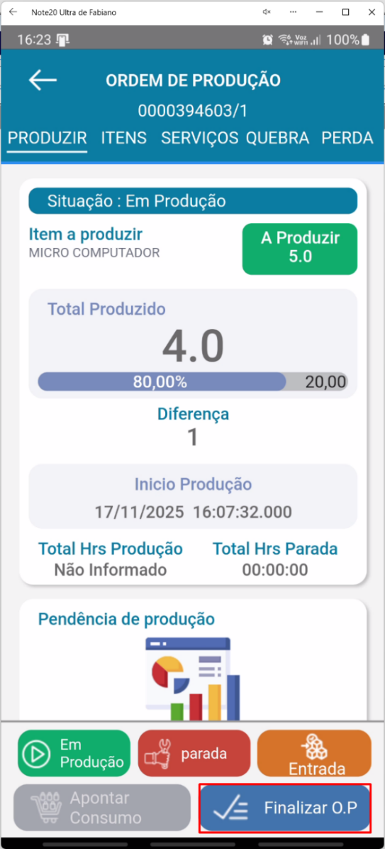 Tela principal da Ordem de Produção no aplicativo Teorema OP, com total produzido, percentual de avanço, diferença e o botão Finalizar O.P.