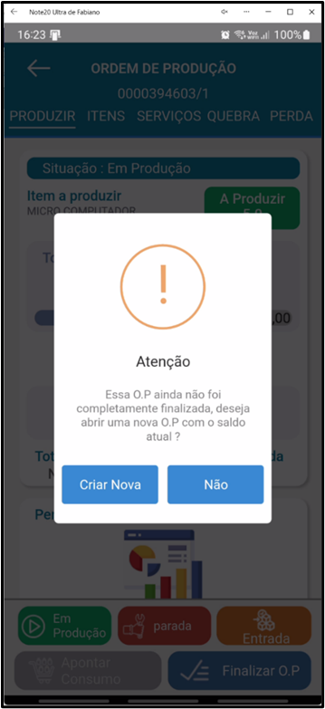 Janela de atenção no aplicativo Teorema OP com a mensagem sobre OP não finalizada e as opções Criar Nova e Não