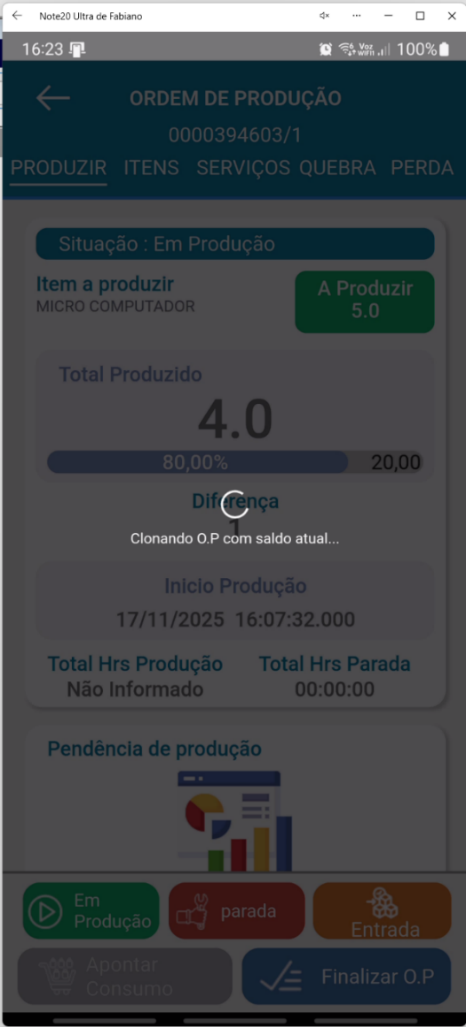 Tela de processamento no aplicativo Teorema OP com a mensagem "Clonando O.P com saldo atual..."