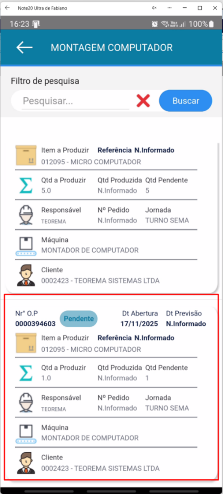 Tela Montagem Computador no aplicativo Teorema OP exibindo a nova Ordem de Produção clonada com situação Pendente e os dados herdados