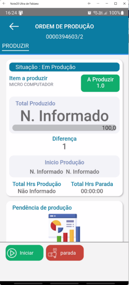 Tela de produção da nova Ordem de Produção clonada no aplicativo Teorema OP, com situação Em Produção, cartão A Produzir e os botões Iniciar e Parada