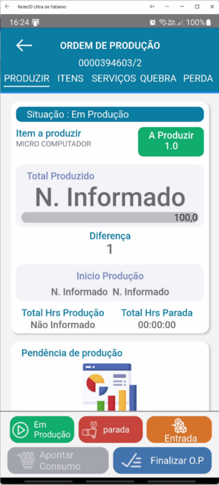 Painel de acompanhamento da nova Ordem de Produção (0000394603/2) no aplicativo Teorema OP, com cartão A Produzir, Total Produzido Não Informado, Diferença e os botões operacionais