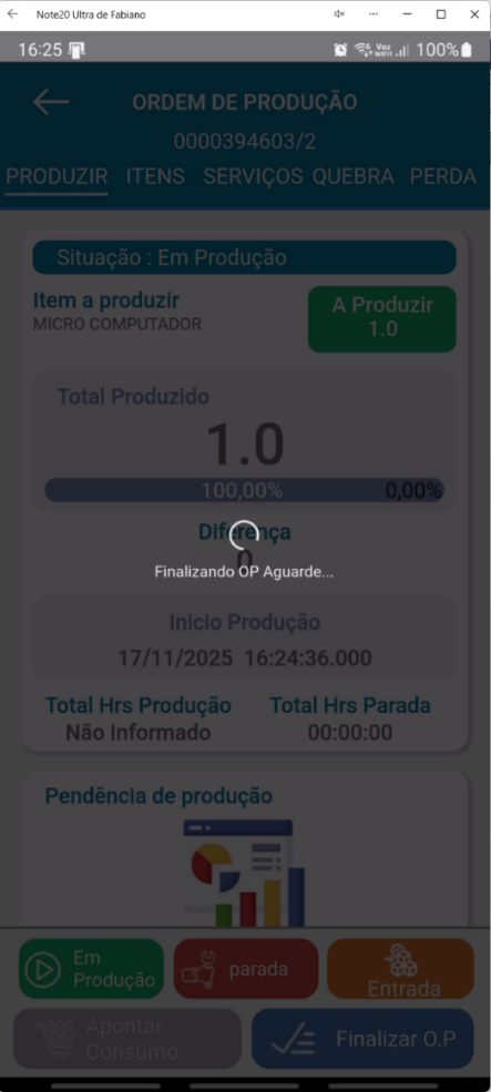 Tela de processamento no aplicativo Teorema OP com a mensagem "Finalizando OP. Aguarde..."