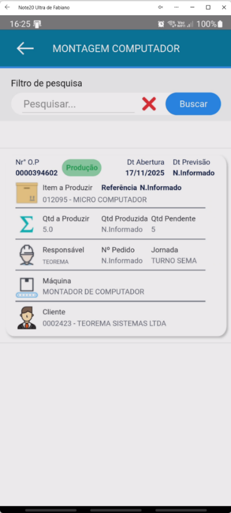 Tela Montagem Computador no aplicativo Teorema OP exibindo a Ordem de Produção finalizada com o status atualizado e seus dados