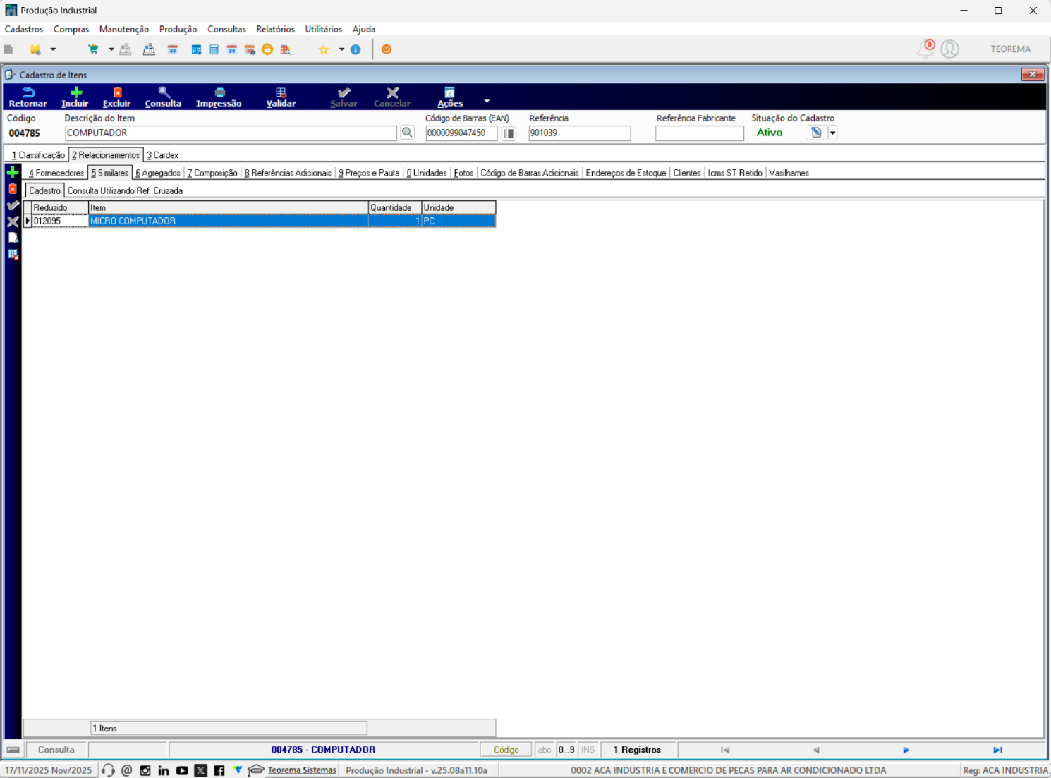 Aba Relacionamentos do Cadastro de Itens (item 004785 COMPUTADOR) com a grade exibindo o item relacionado 012095 MICRO COMPUTADOR, quantidade 1 PC