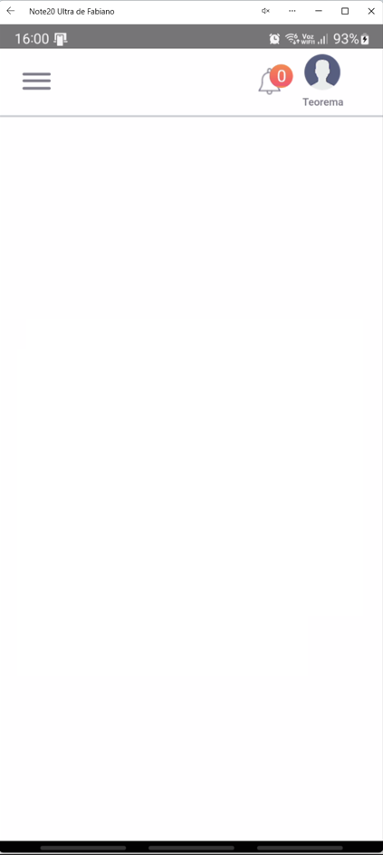 Tela inicial do aplicativo Teorema OP em um celular, com o menu principal lateral, ícone de notificações e atalho ao perfil sobre fundo branco