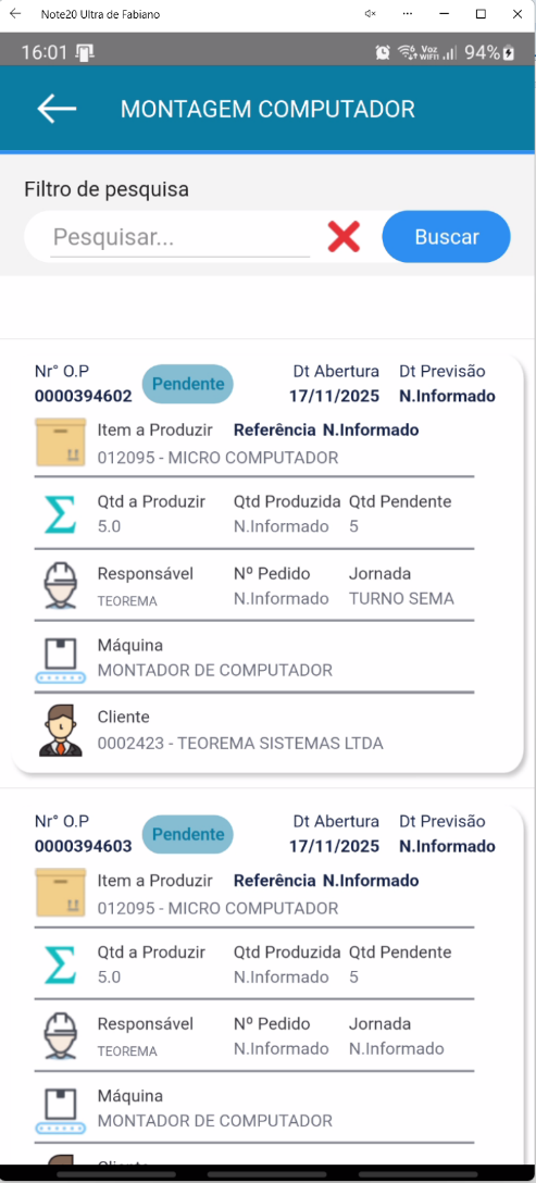 Tela Montagem Computador no aplicativo Teorema OP, com a lista de Ordens de Produção pendentes exibindo número, item, datas e quantidades, e um campo de pesquisa no topo