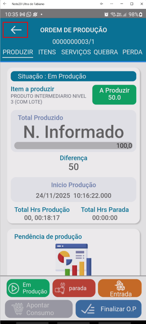 Tela de acompanhamento da Ordem de Produção no aplicativo Teorema OP, com situação atual, item, quantidades a produzir e produzida, diferença pendente e botões operacionais