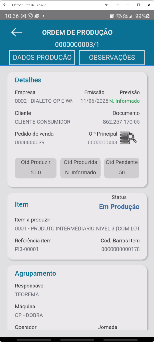 Aba Dados Produção no aplicativo Teorema OP, exibindo empresa, cliente, datas, quantidades e dados do item em produção da Ordem de Produção