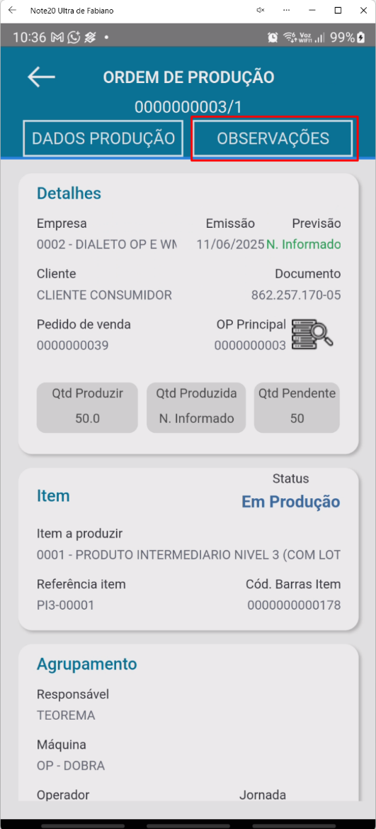 Aba Observações da Ordem de Produção no aplicativo Teorema OP, com a área para anotações operacionais