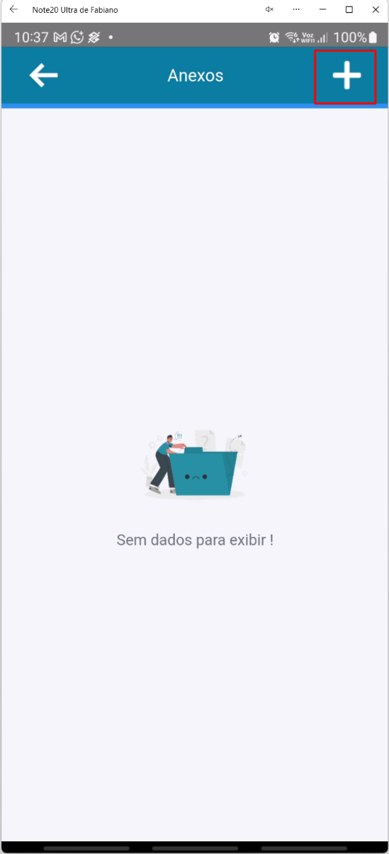 Área de Anexos da Ordem de Produção no aplicativo Teorema OP, com a mensagem "Sem dados para exibir" e o ícone de adição no canto superior direito