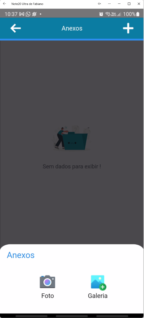 Menu de seleção de anexos no aplicativo Teorema OP, com as opções Foto e Galeria