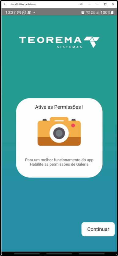 Tela de ativação de permissões no aplicativo Teorema OP, com a mensagem de autorização de acesso e o botão Continuar