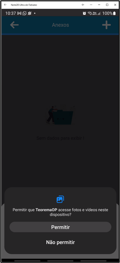 Janela de permissão do Android solicitando que o aplicativo Teorema OP acesse fotos e vídeos, com os botões Permitir e Não permitir