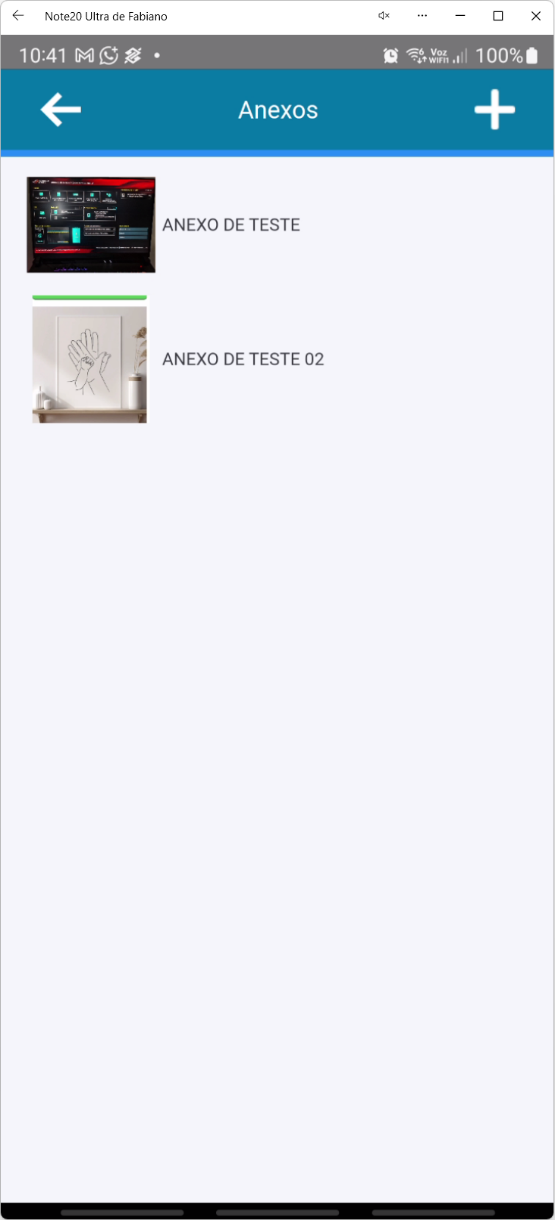 Tela de anexos da Ordem de Produção no aplicativo Teorema OP, listando os arquivos já incluídos com miniatura e descrição