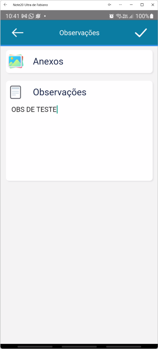 Tela de registro de observações textuais no aplicativo Teorema OP, com o campo de texto e o ícone de confirmação