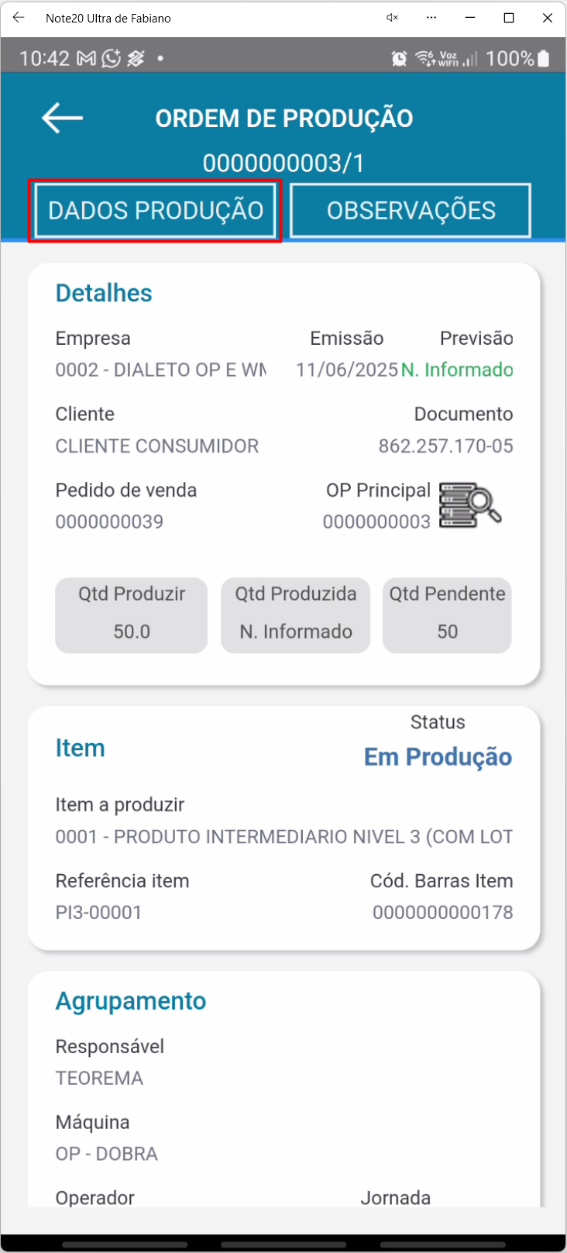 Aba Dados Produção reexibida no aplicativo Teorema OP, com as informações consolidadas da Ordem de Produção