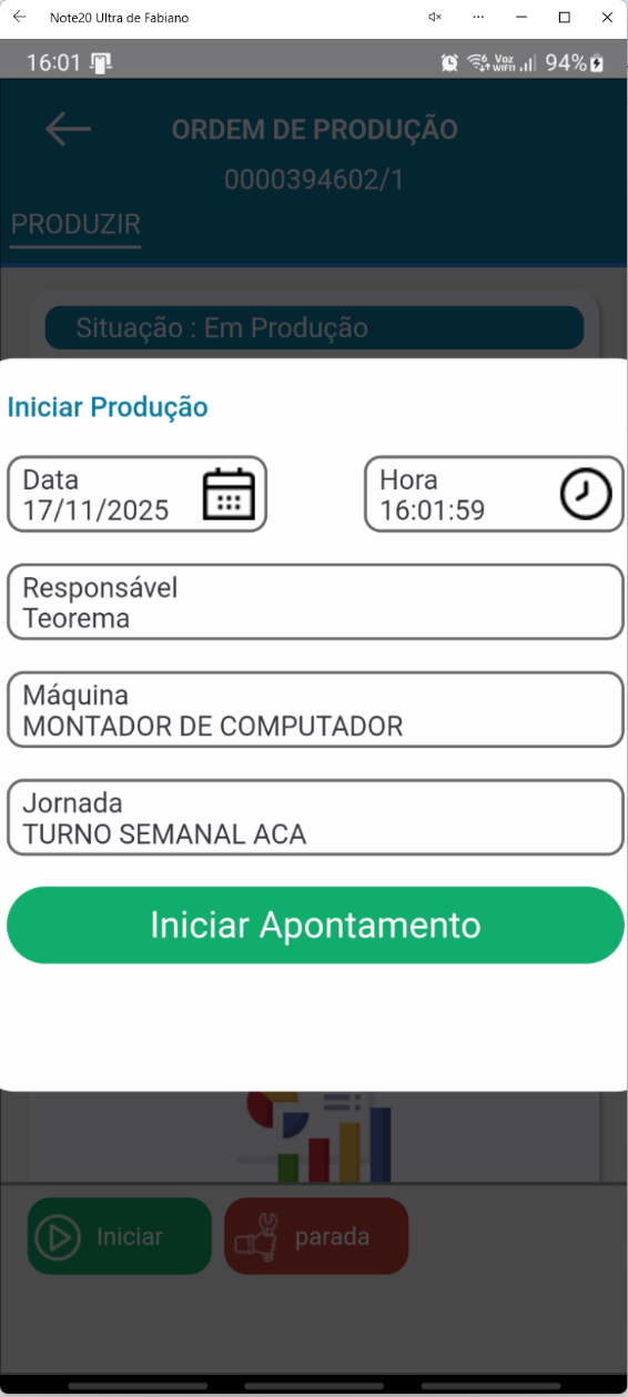 Janela de início de apontamento no aplicativo Teorema OP, com data, hora, responsável, máquina e jornada, e o botão Iniciar Apontamento