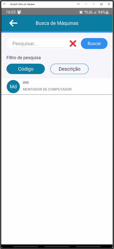Tela Busca de Máquinas no aplicativo Teorema OP, com campo de pesquisa, filtros Código e Descrição e a lista de máquinas cadastradas