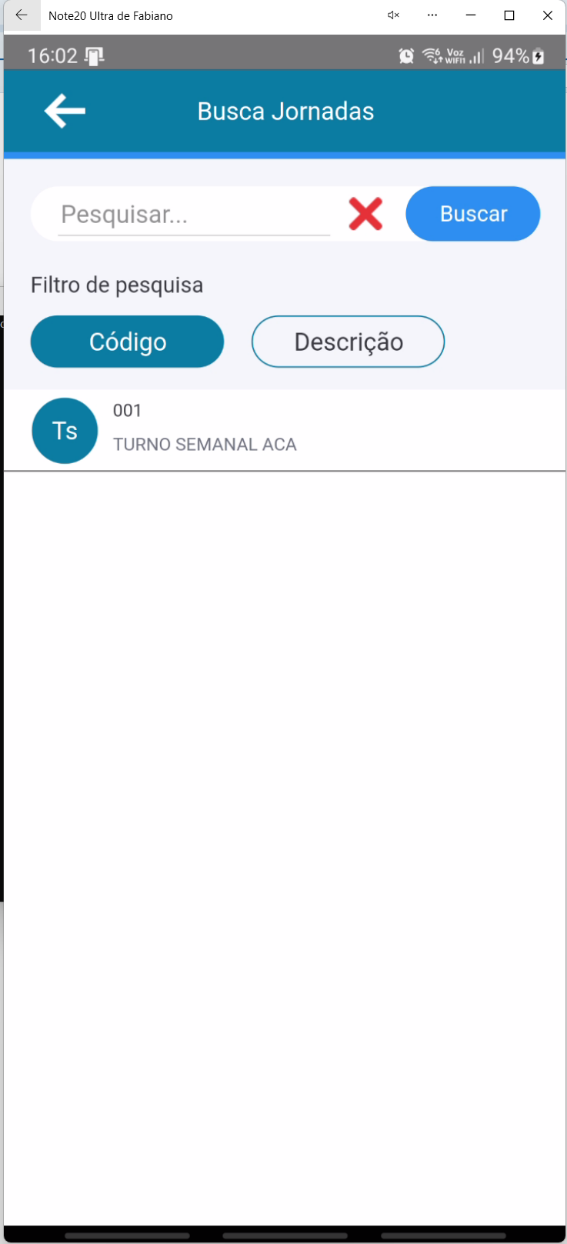 Tela Busca Jornadas no aplicativo Teorema OP, com campo de pesquisa, filtros Código e Descrição e a lista de jornadas de trabalho