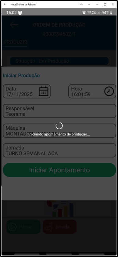 Tela de processamento no aplicativo Teorema OP com a mensagem "Iniciando apontamento de produção..."