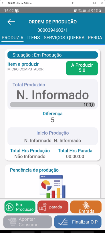 Tela principal da Ordem de Produção no aplicativo Teorema OP com situação Em Produção e os botões Em Produção, Parada, Entrada, Apontar Consumo e Finalizar O.P.