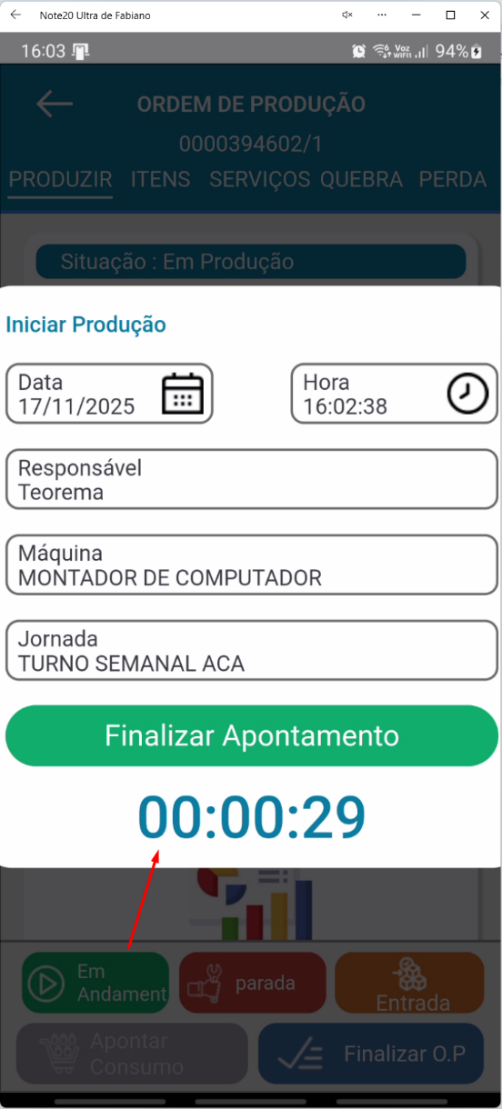 Tela de acompanhamento do apontamento ativo no aplicativo Teorema OP, com os dados de início, contador de tempo e o botão Finalizar Apontamento