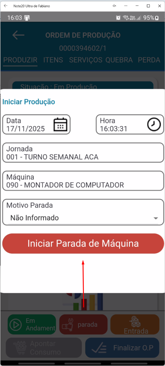 Tela de registro de parada no aplicativo Teorema OP, com data, hora, jornada, máquina, o campo Motivo da Parada e o botão Iniciar Parada de Máquina