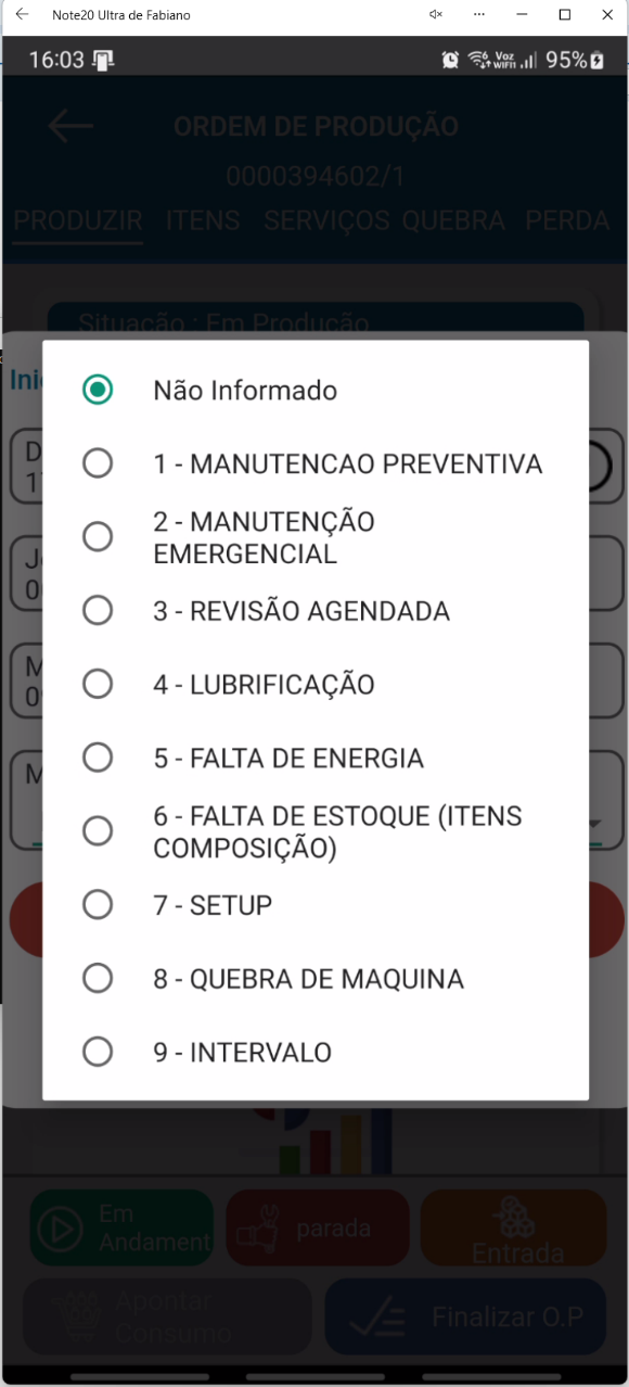 Lista de motivos de parada no aplicativo Teorema OP, com opções como manutenção, falta de energia e intervalo