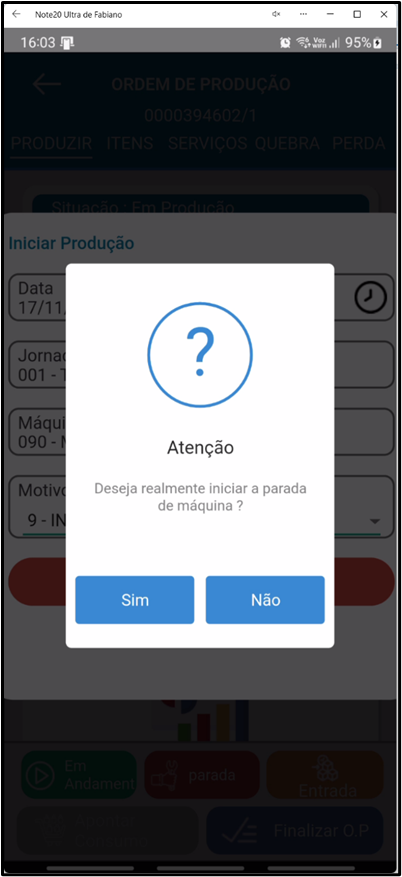 Janela de confirmação no aplicativo Teorema OP com a mensagem "Deseja realmente iniciar a parada de máquina?" e os botões Sim e Não