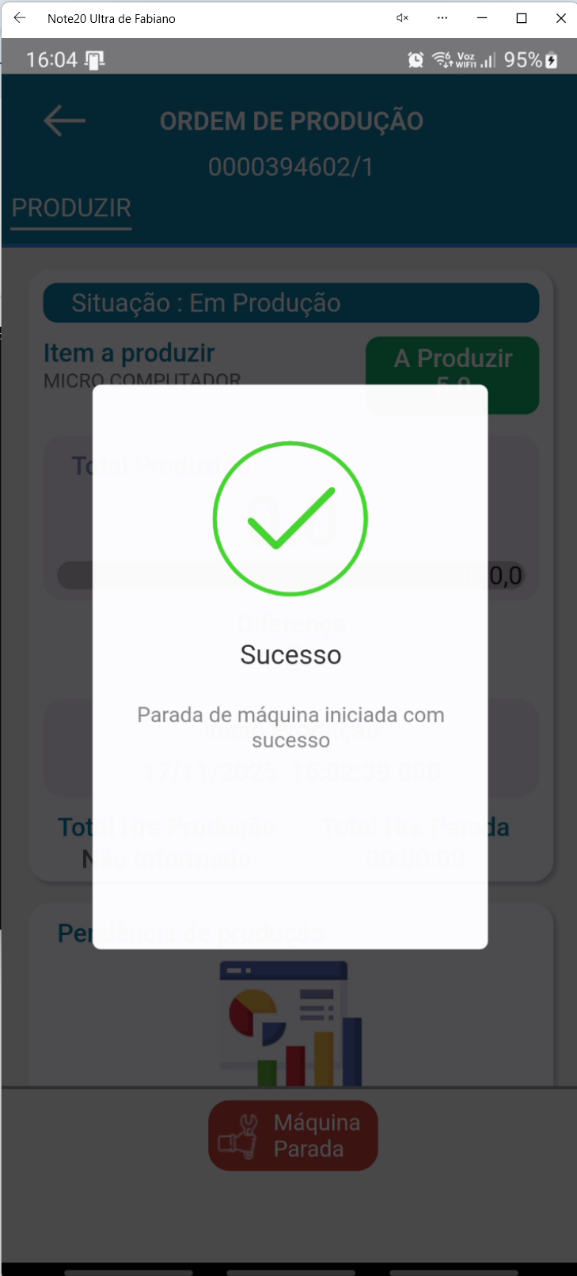 Mensagem "Parada de máquina iniciada com sucesso." no aplicativo Teorema OP