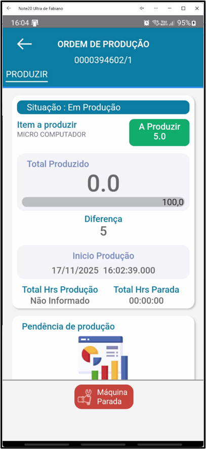Tela principal da Ordem de Produção no aplicativo Teorema OP com o botão Máquina Parada ativo e o campo Total Hrs Parada sendo atualizado