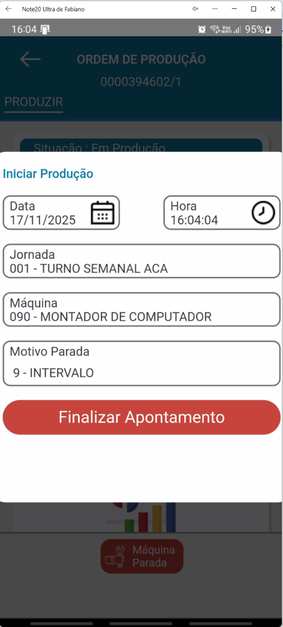 Tela de acompanhamento da parada no aplicativo Teorema OP, com data, hora, jornada, máquina, motivo e o botão Finalizar Apontamento