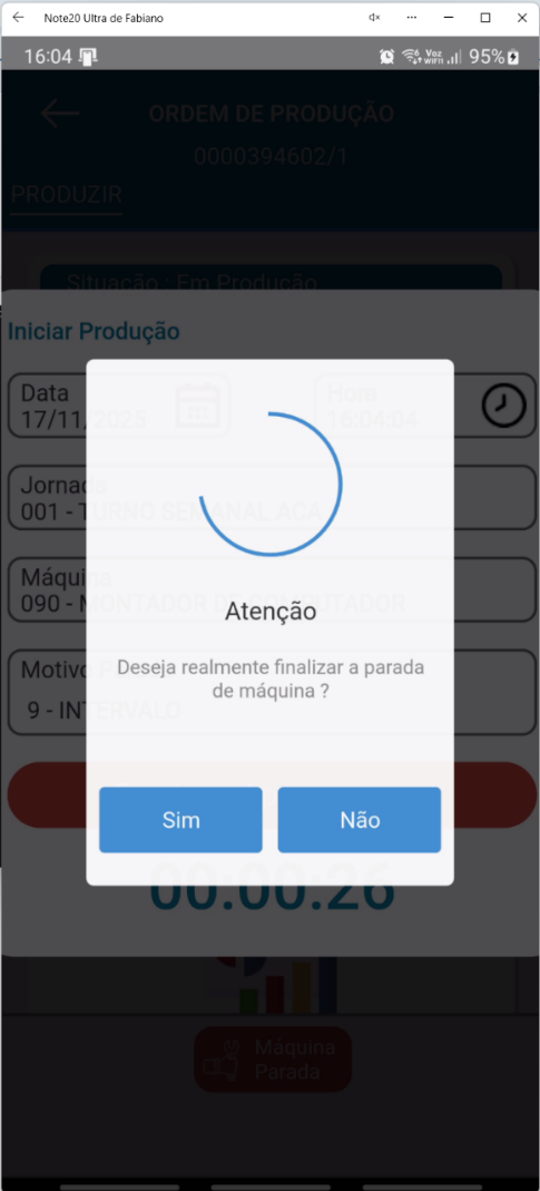 Janela de confirmação no aplicativo Teorema OP com a mensagem "Deseja realmente finalizar a parada de máquina?" e os botões Sim e Não