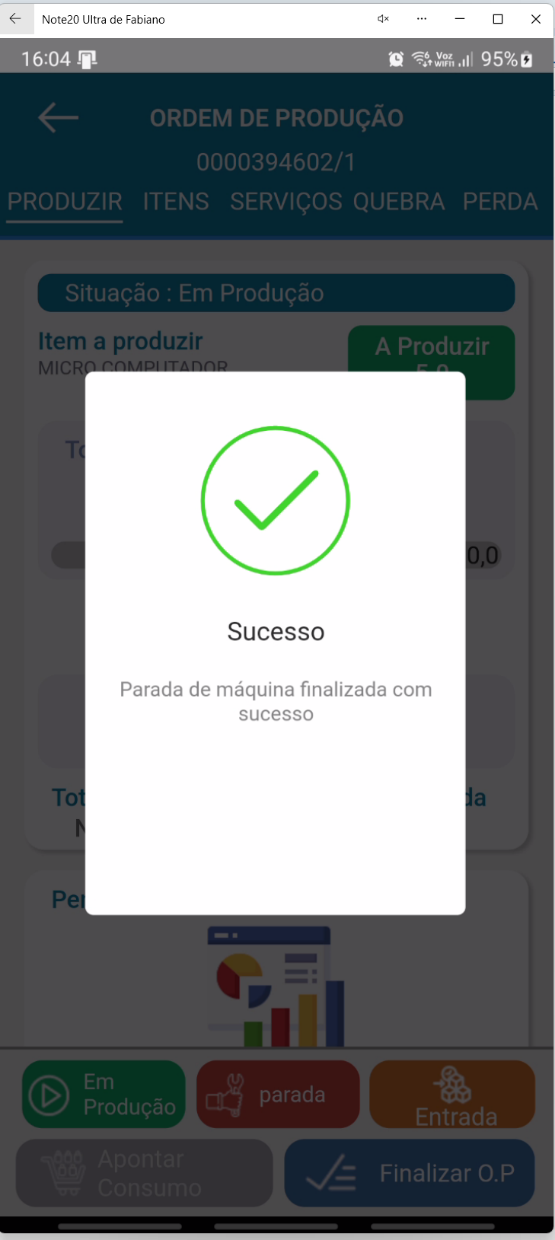 Mensagem "Parada de máquina finalizada com sucesso." no aplicativo Teorema OP