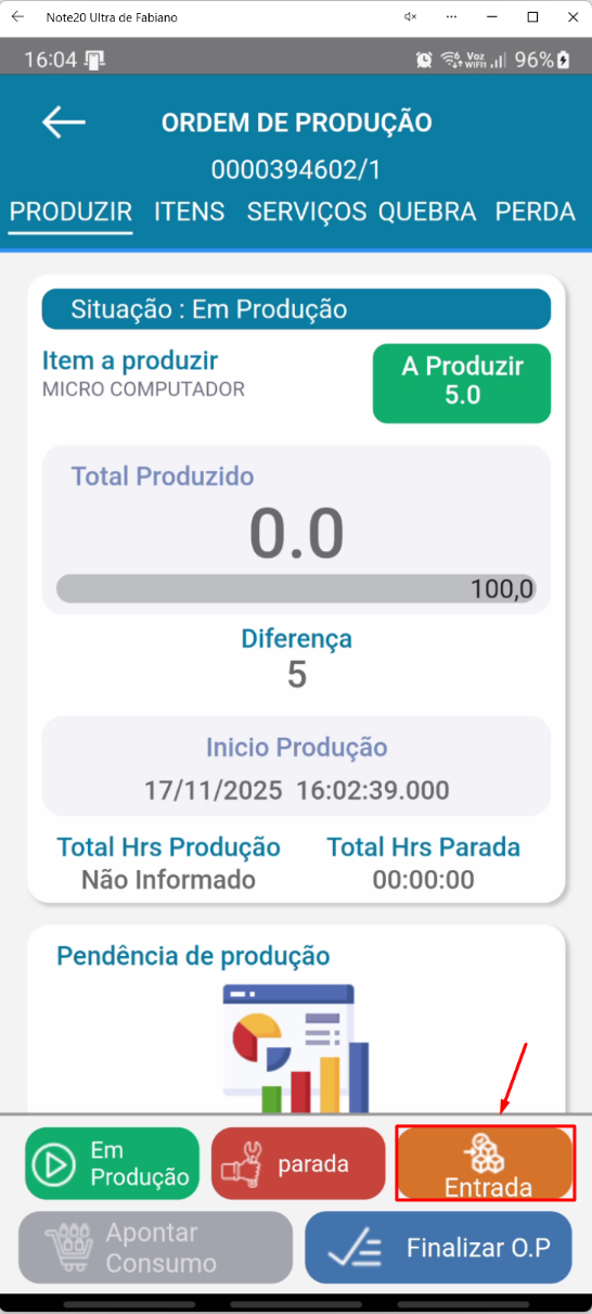 Tela principal da Ordem de Produção no aplicativo Teorema OP com o botão Entrada disponível para registrar a quantidade produzida