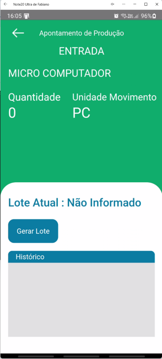 Tela Entrada no aplicativo Teorema OP, com o item da OP, a unidade de movimento, a área Lote Atual com o botão Gerar Lote e o painel Histórico