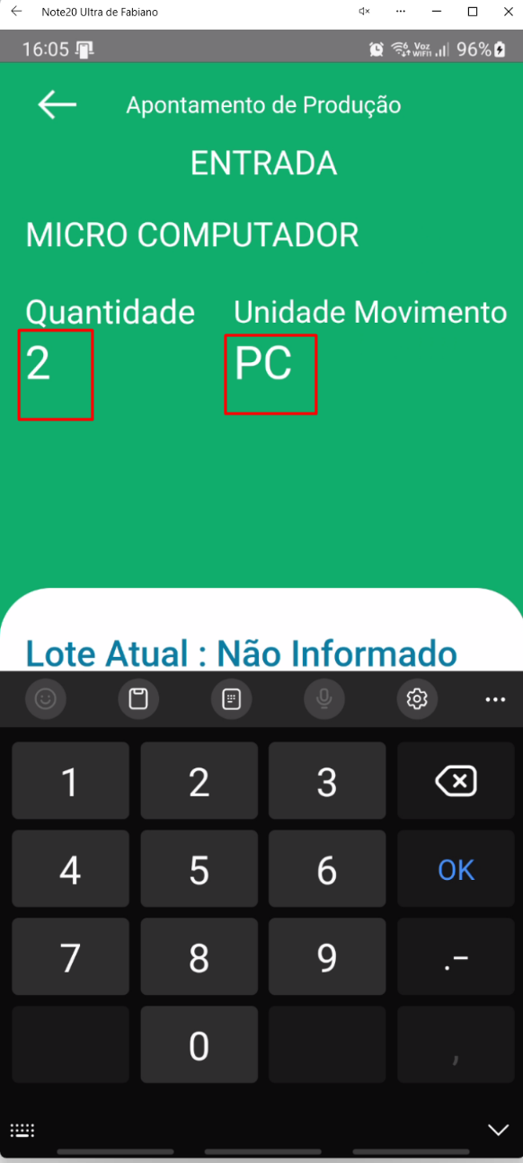 Tela Entrada no aplicativo Teorema OP com o campo Quantidade em foco e o teclado numérico aberto para informar o valor produzido