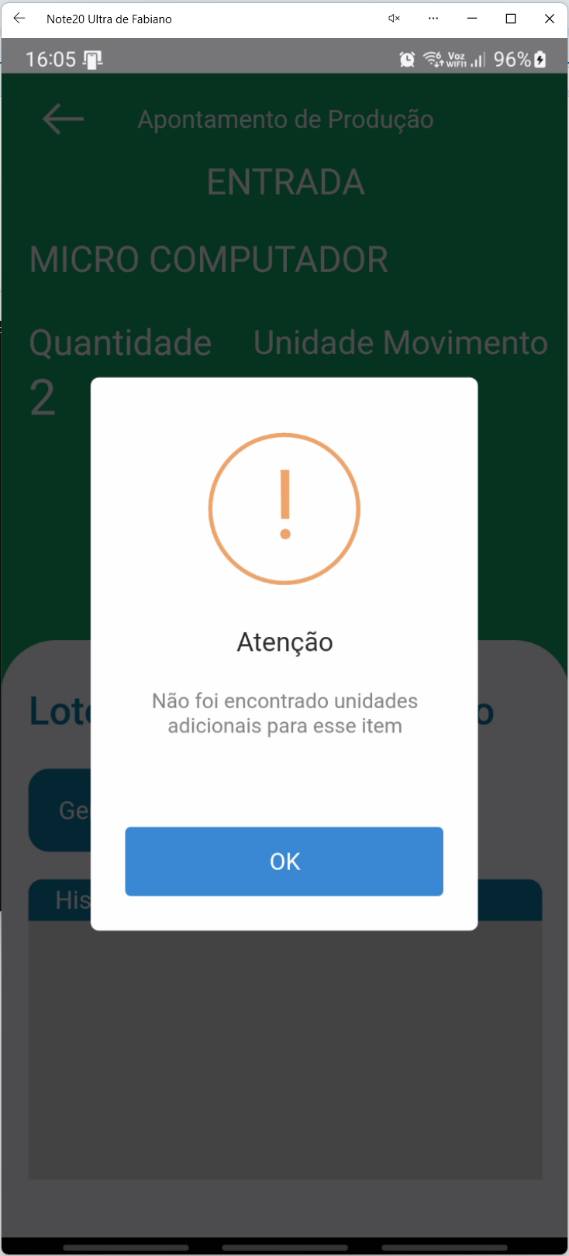 Aviso "Não foi encontrado unidades adicionais para esse item." no aplicativo Teorema OP, com o botão OK